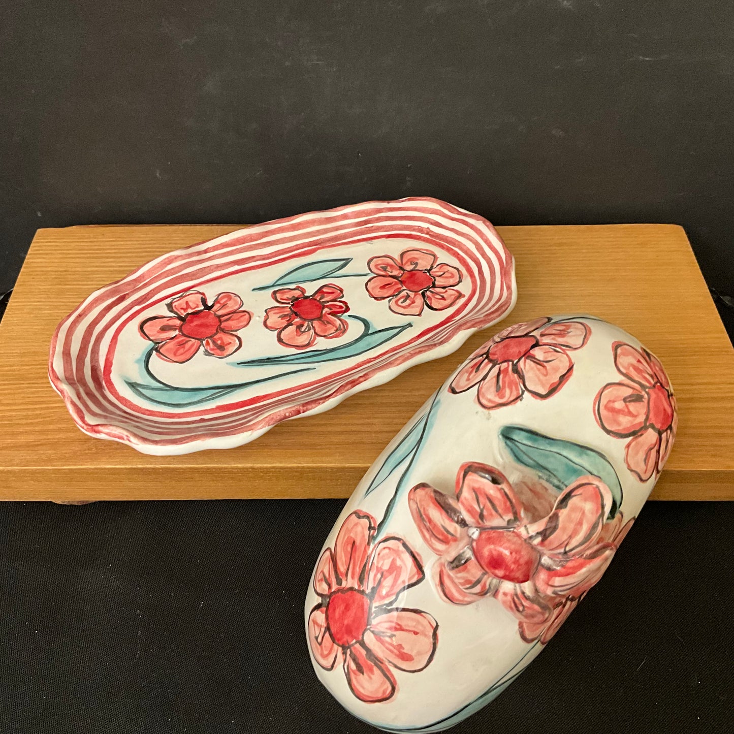 Oval Fluted Butter Dish with Pink Flowers