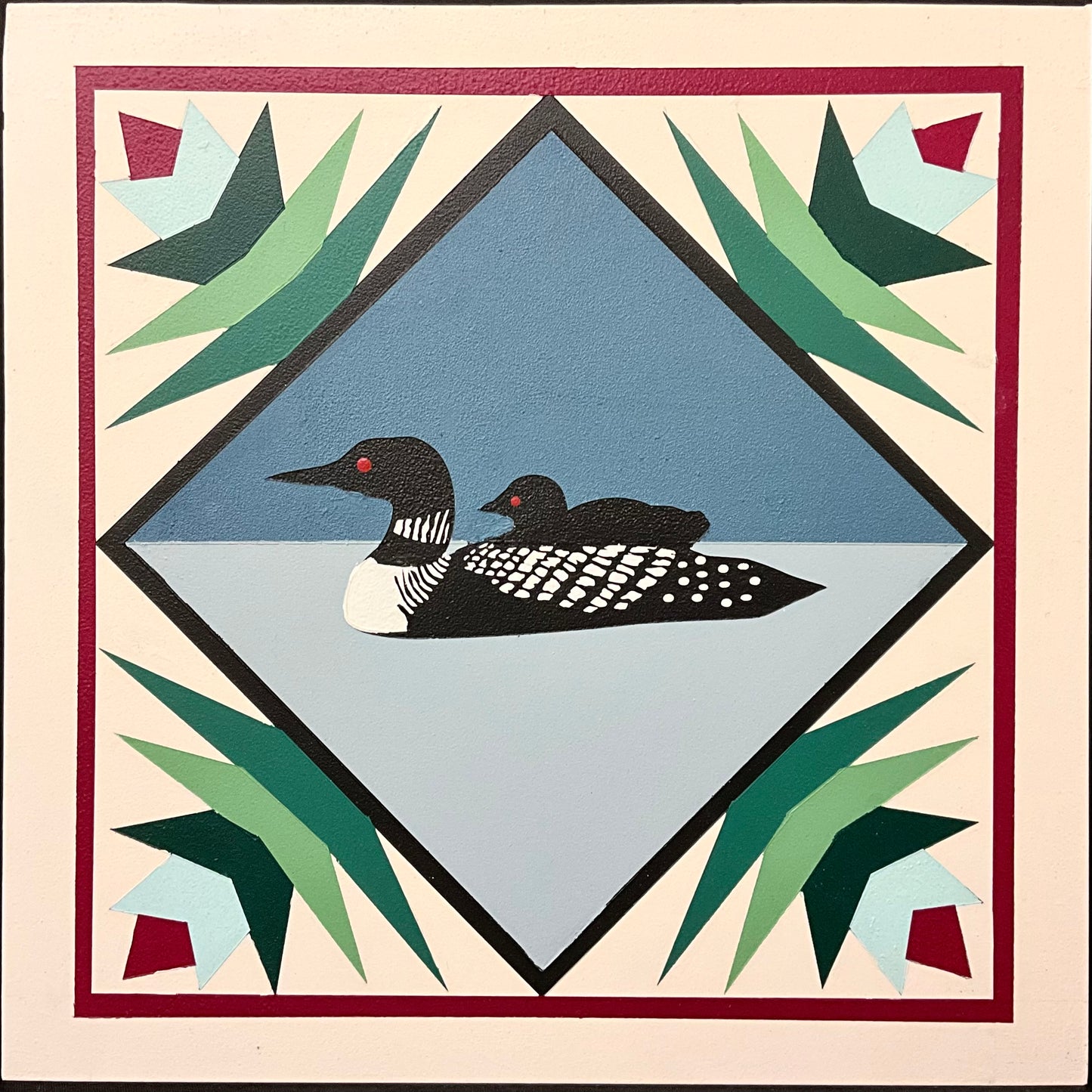 Loon and Chick with Flowers Cream with Red Trim 1’x1’