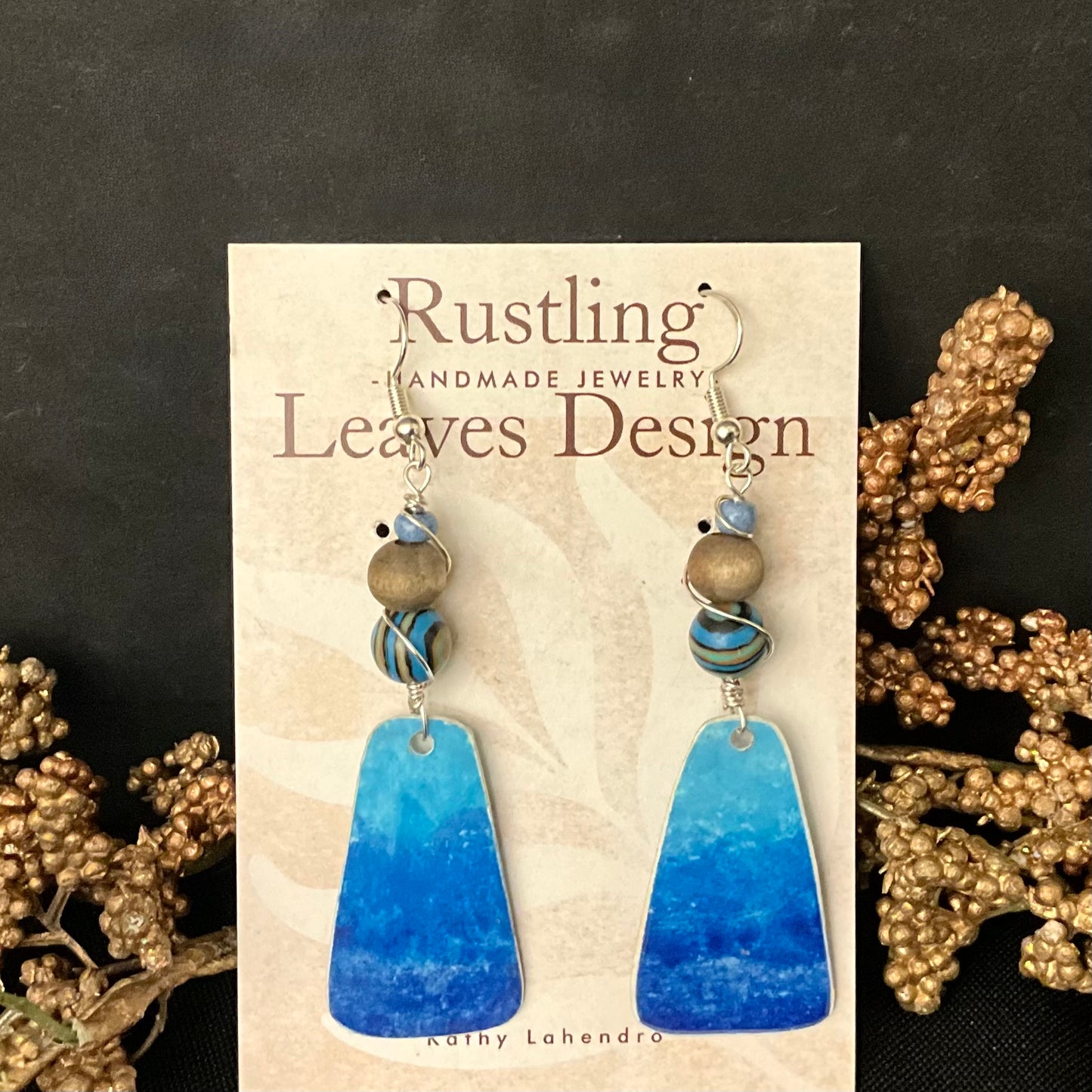 Blue Hombre Earrings with Triple Beads & Wire Wrap
