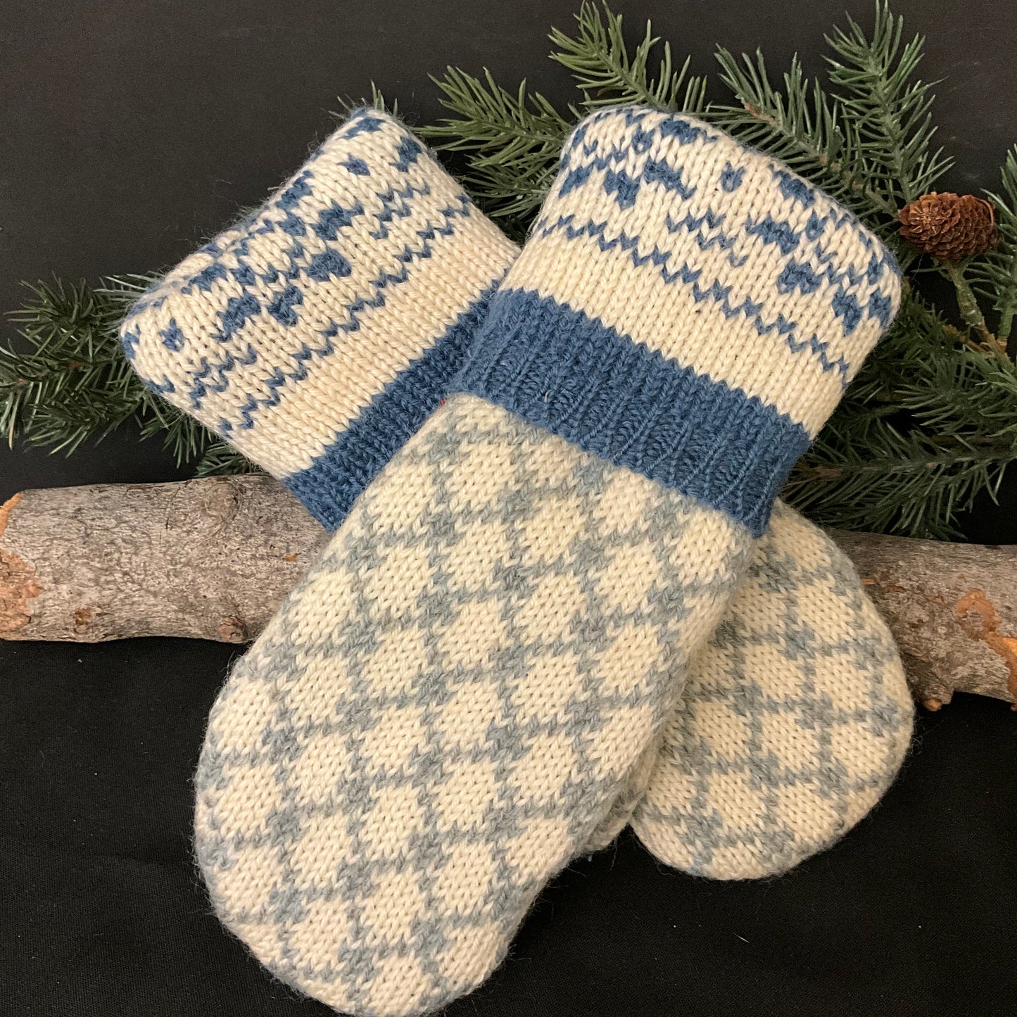 “Upcycled" Sweater Mittens White, Pale Blue/gray and Cadet Blue Cuff