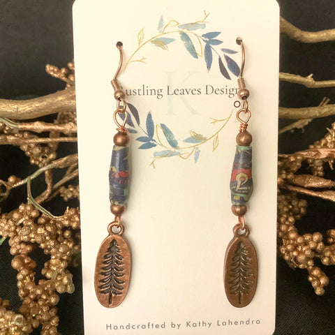 Rolled Bead & Copper Tree Charm Earrings