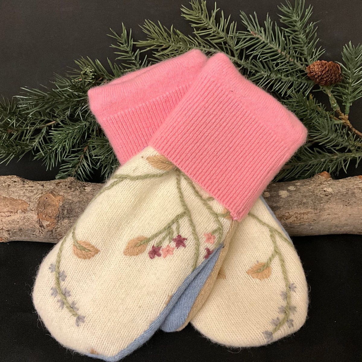 “Upcycled" Sweater Mittens with Embroidered Floral Pattern, Pink Cuff