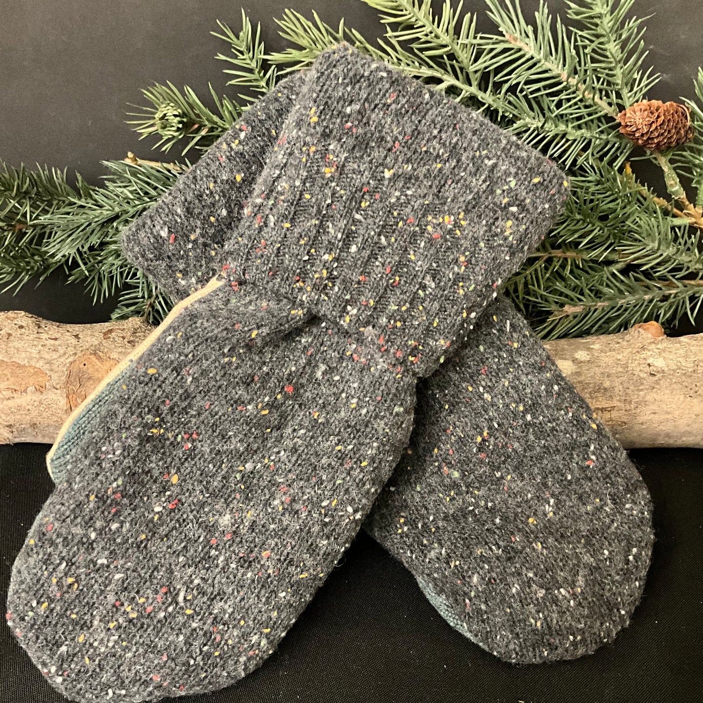 “Upcycled" Wool Sweater Mittens in Charcoal Heather w Multi-color Flecks