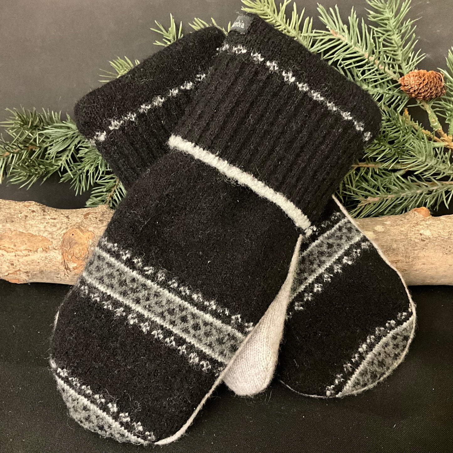 “Upcycled" Sweater Mittens Black with Design in Grays