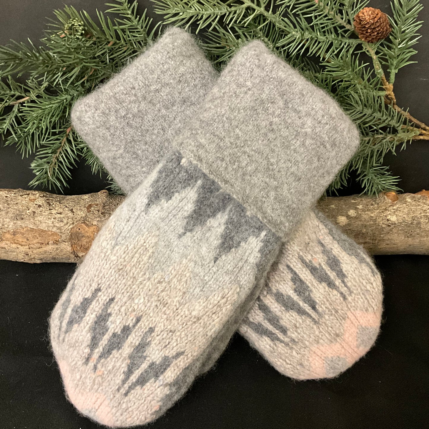 “Upcycled" Wool Sweater Mittens in Pale Grays with a Hint of Pink