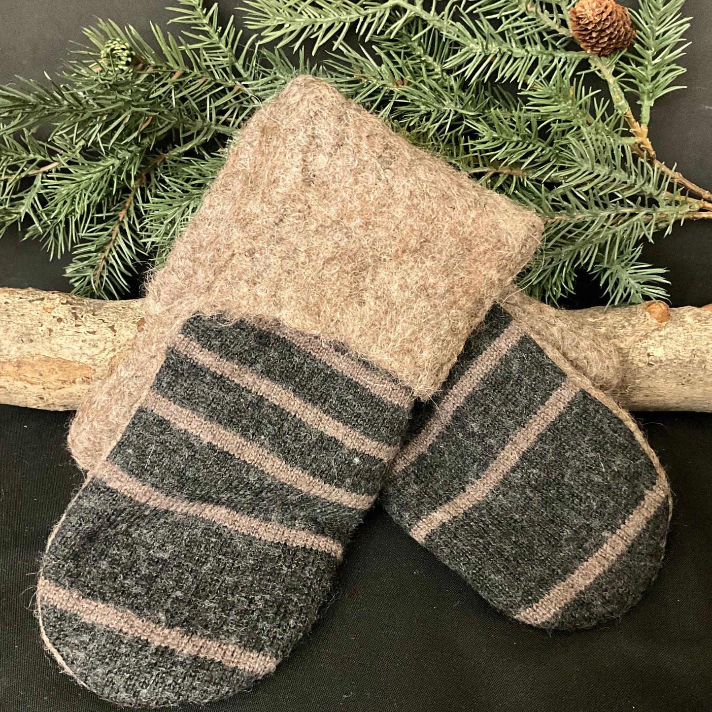 “Upcycled" Wool Sweater Mittens Charcoal & Pale Brown