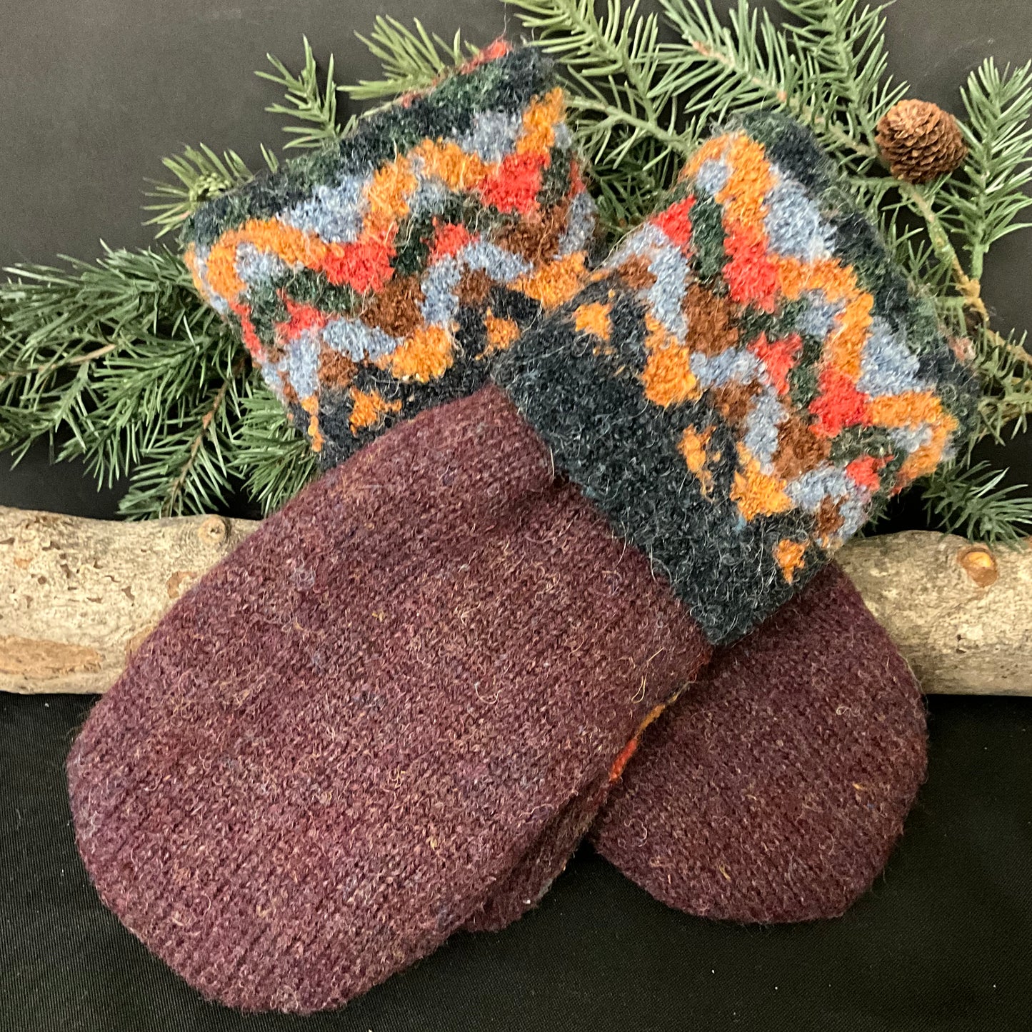 “Upcycled" Wool Sweater Mittens Plum Heather & Multi-color Cuff