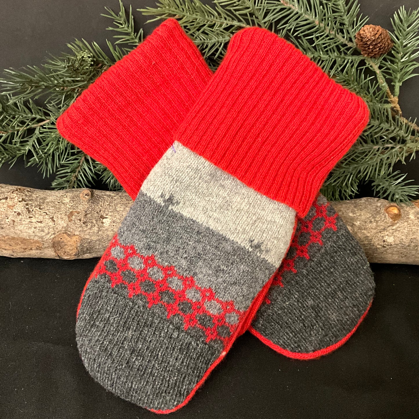 “Upcycled" Wool Sweater Mittens in Grays with Red Cuff & Details