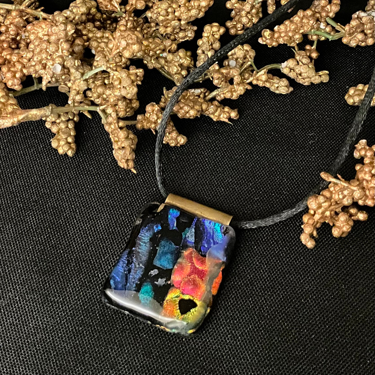 Square Fused Glass Pendant in Iridescent Blue, Red & Chameleon Green