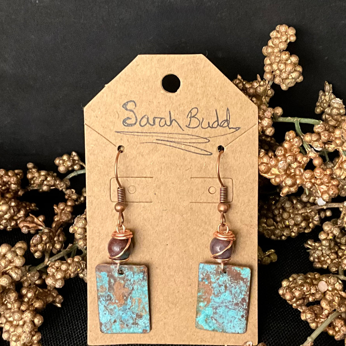 Copper Patina Earrings - Rectangles with Indian Agate
