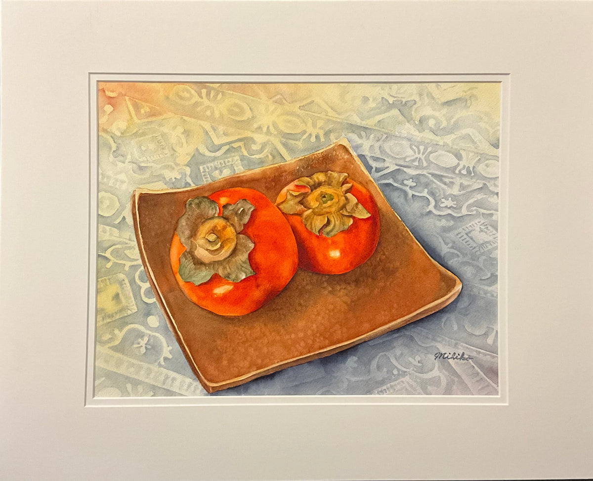"Persimmons with Pottery", Original Watercolor, Matted
