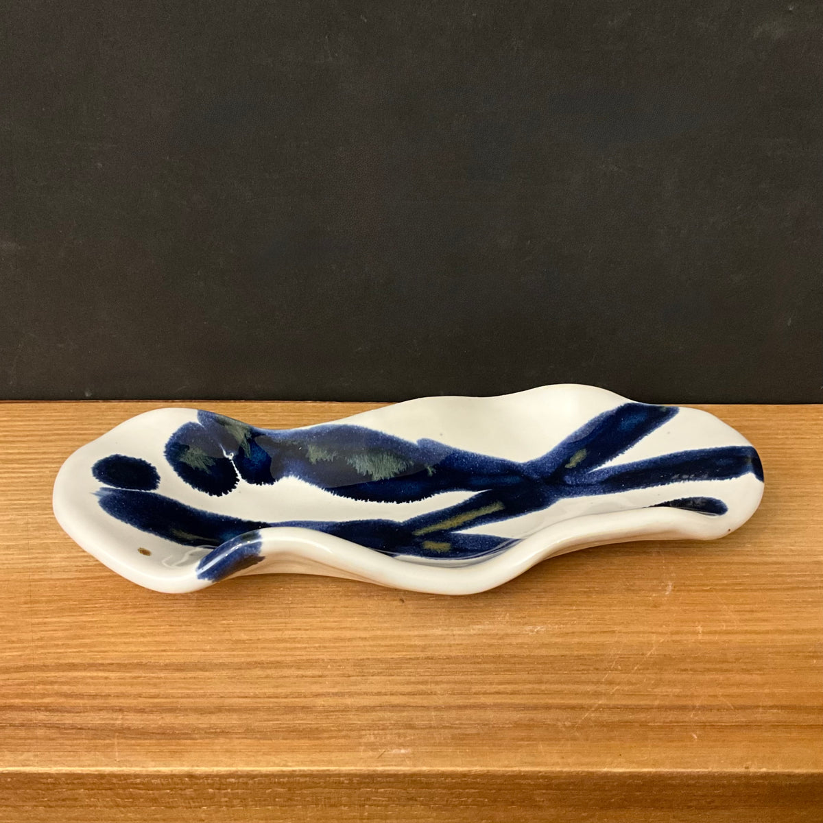 Petite White Freeform Dish with Dark Blue Abstract Linear Design