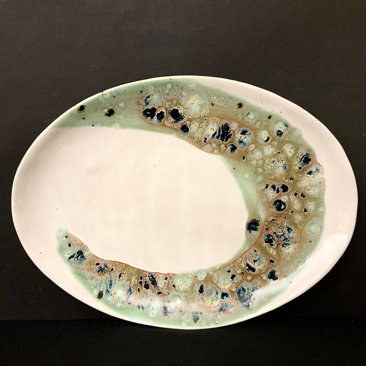 Large Oval Platter with Celadon, Midnight Blue & Copper Abstract Design