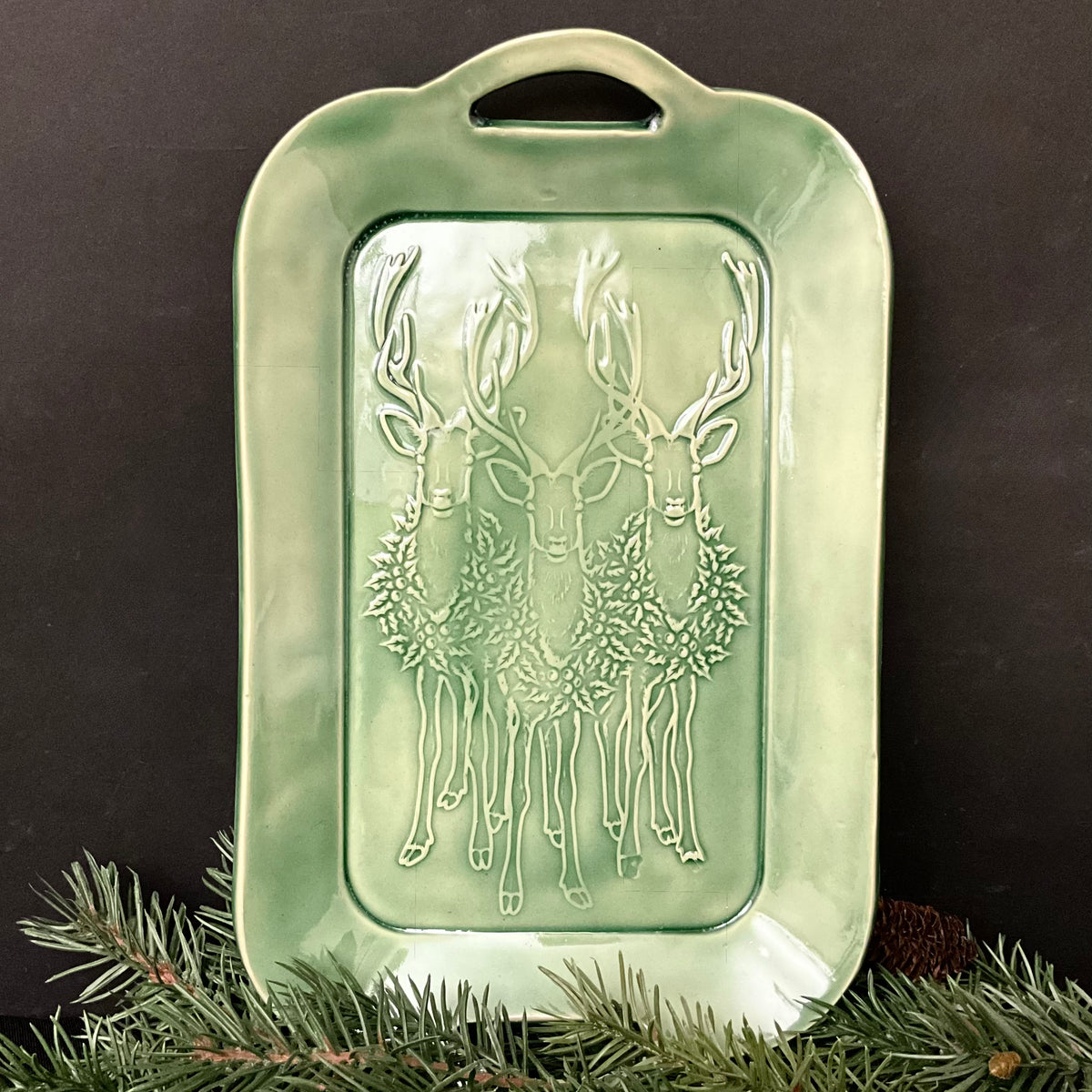 Handled Tray in Green with Three Reindeer