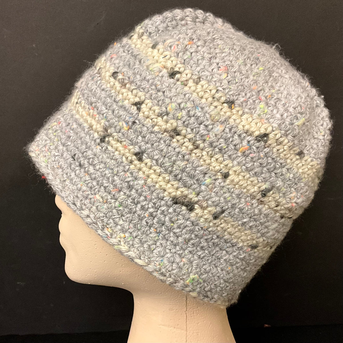Hand Crocheted Hat in Fine Yarn in Soft Grey- size M