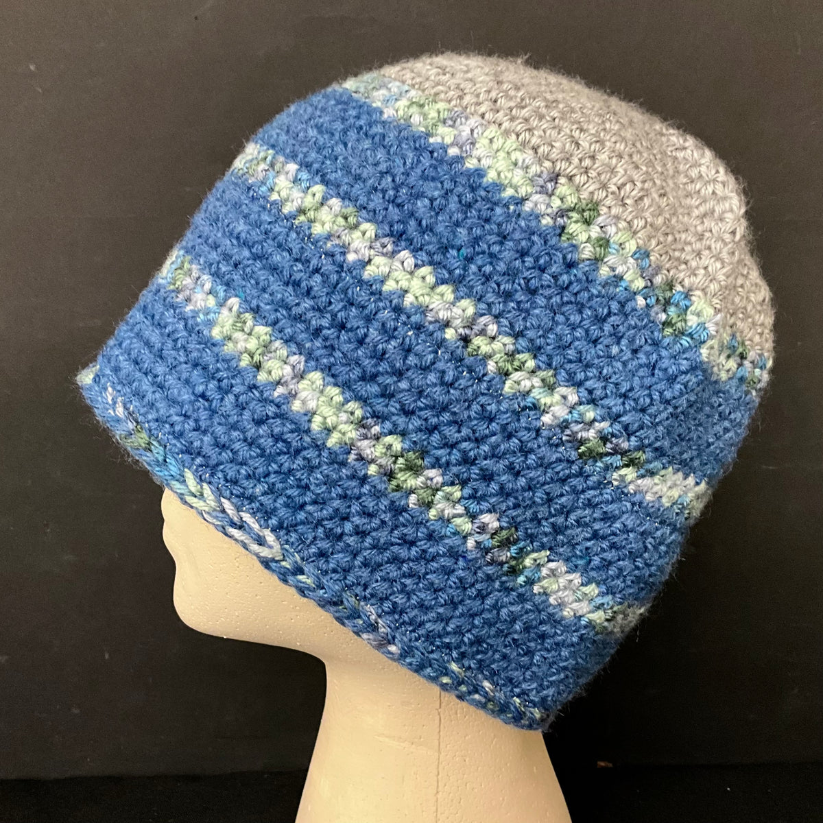 Hand Crocheted Hat in Fine Yarn in Baltic Blue & Grey - size M
