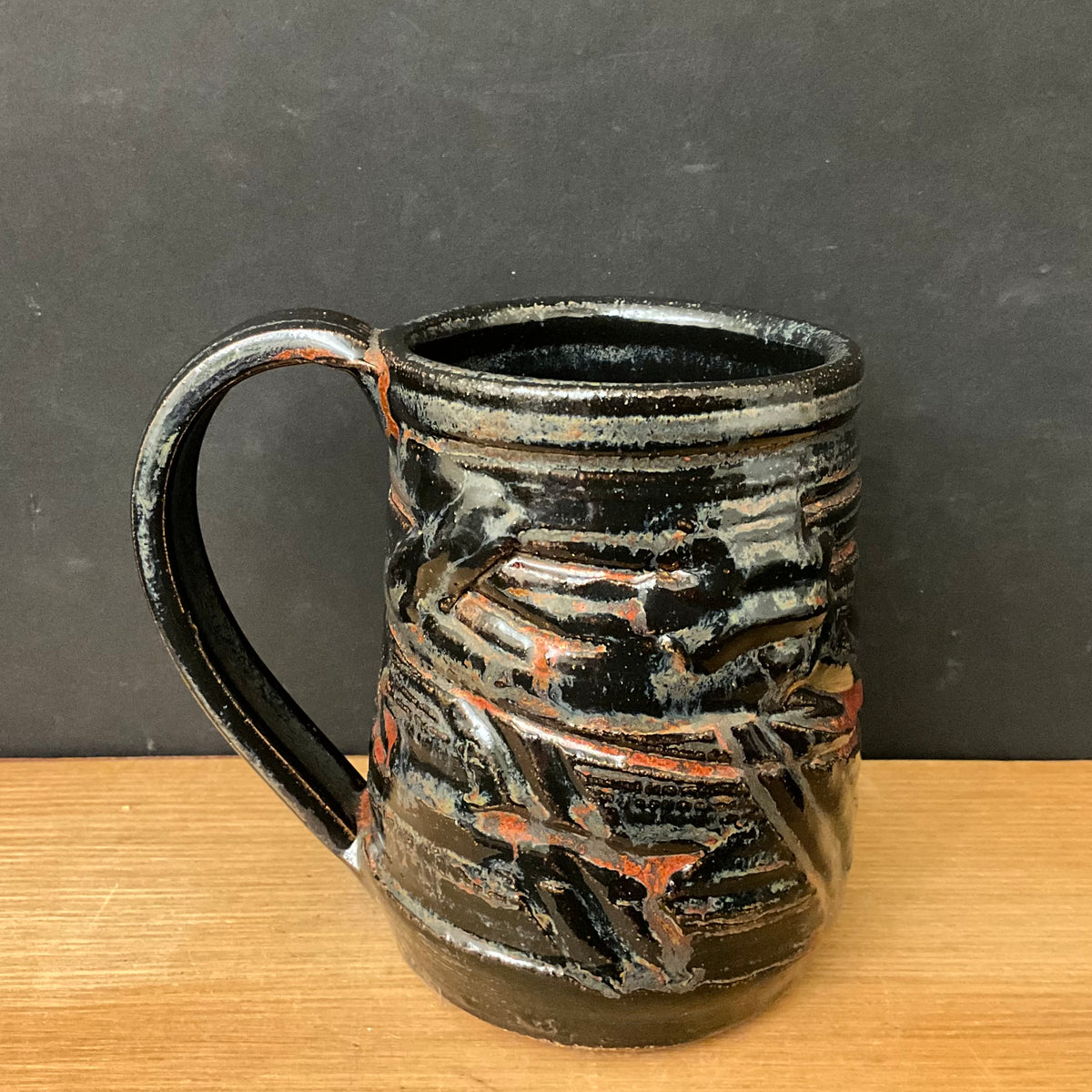 Tall Mug in Incised Black & Brick Red