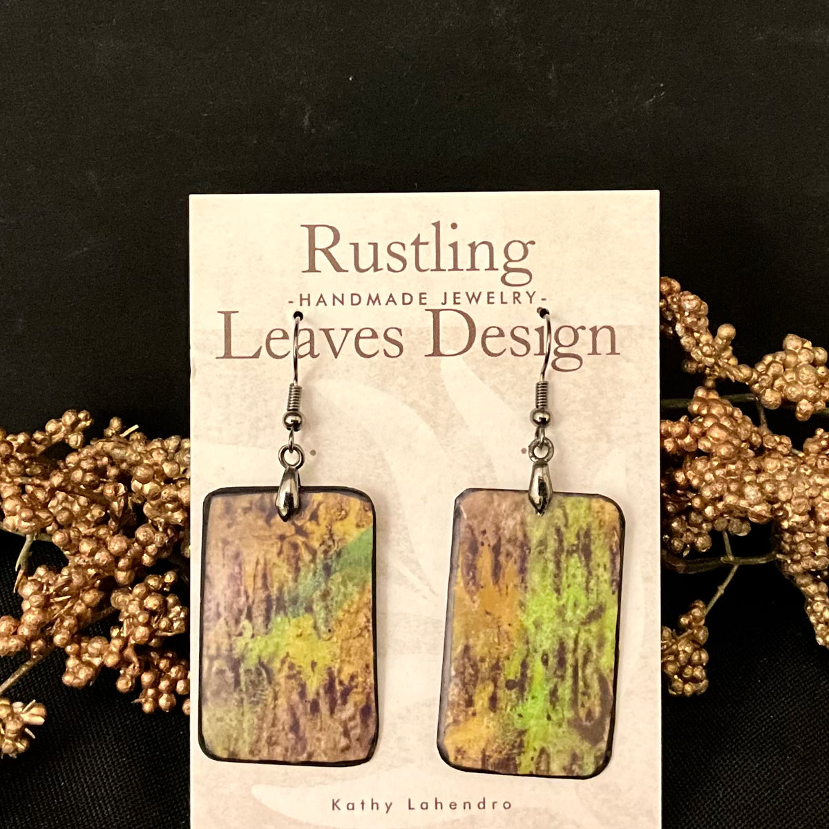 Green, Gold variegated rectangle earring