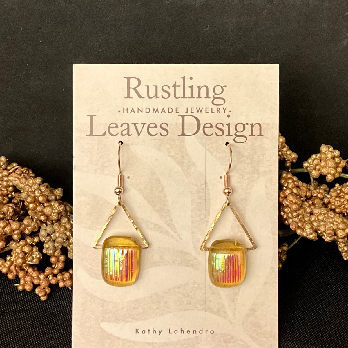Fused Glass Earrings in Citrine Yellow with iridescent texture Detail