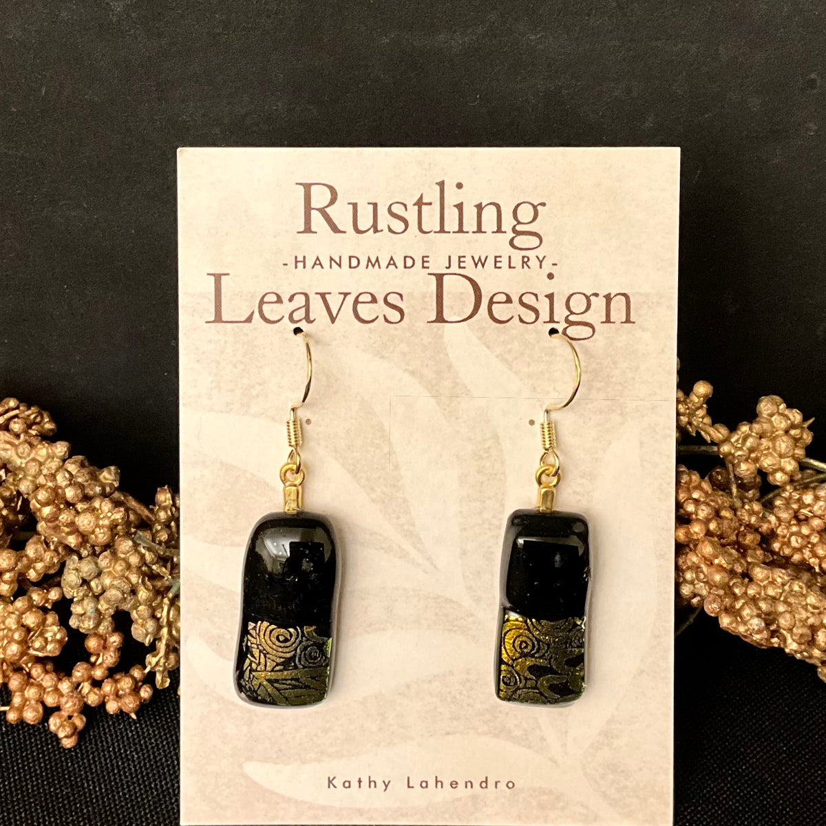 Fused Glass Earrings in Black with Gold Wave Pattern Accent