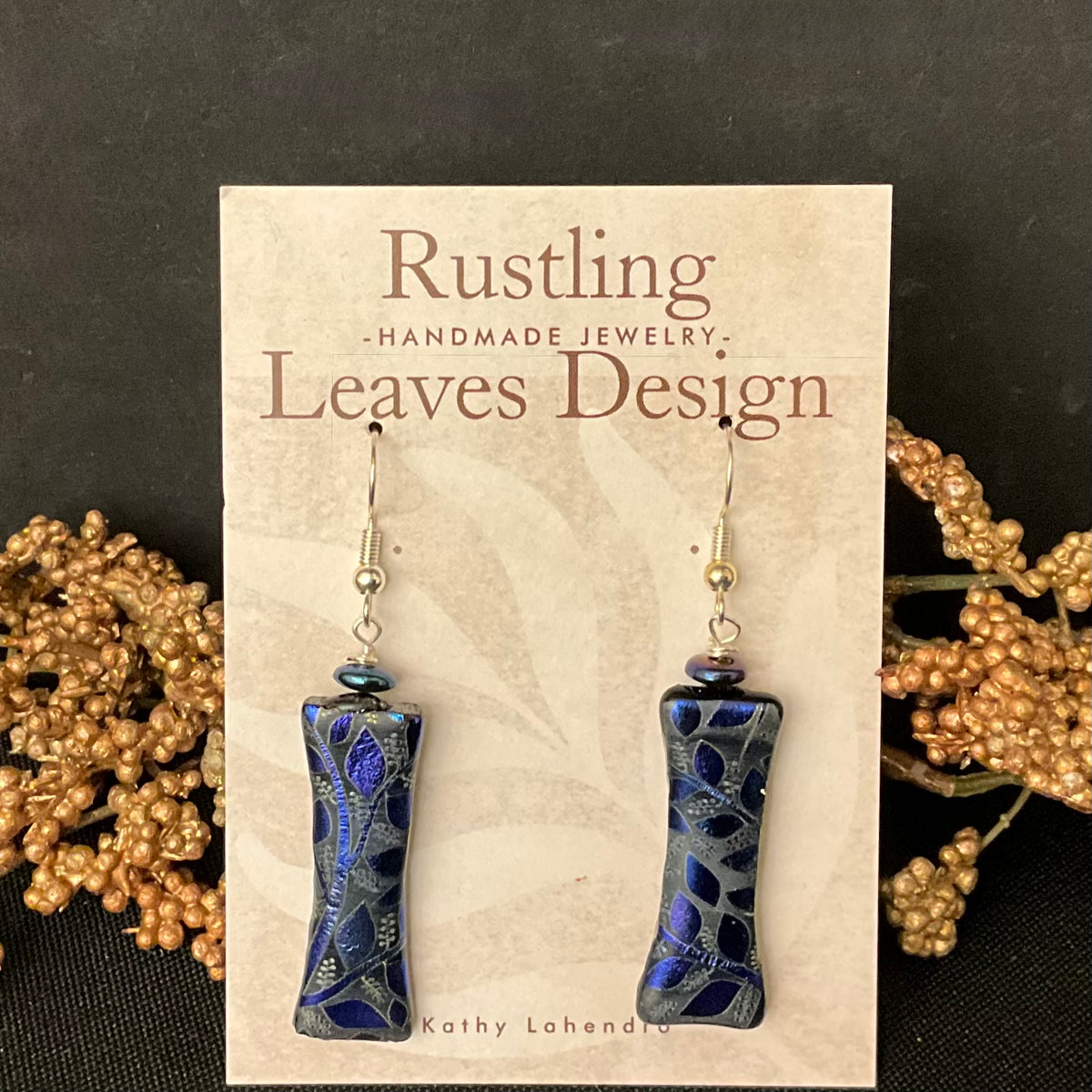 Fused Glass Earrings in Blue with Iridescent Foliage Pattern