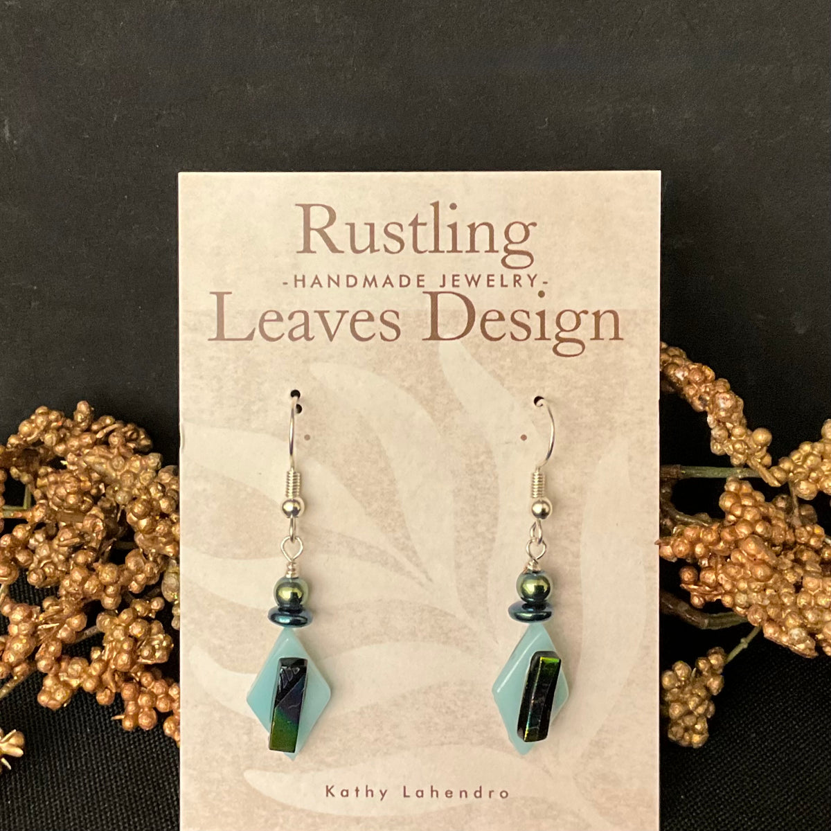 Fused Glass Earrings in Aqua with Iridescent Accent