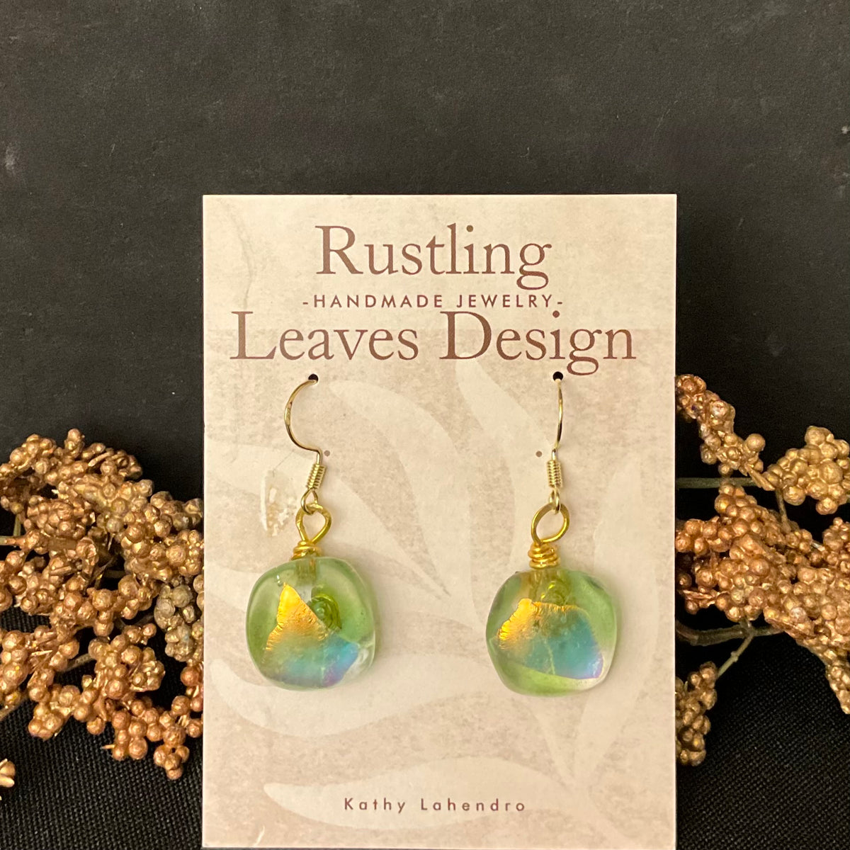 Fused Glass Earrings in Green & Iridescent Gold