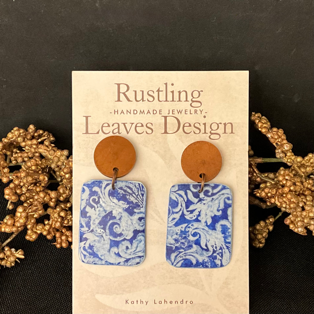 Rectangle Earrings in Dusty Cobalt Blue & White Floral