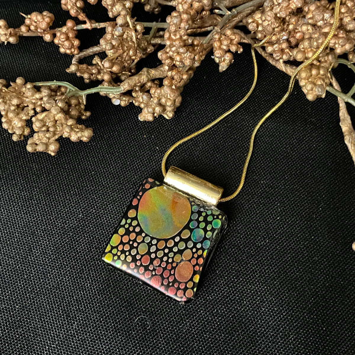 Fused Glass Pendant in Black with Rainbow Polka Dot Pattern