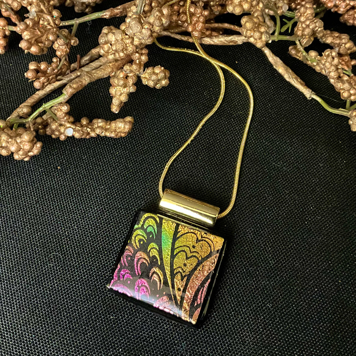 Fused Glass Pendant in Black with Gold/Pink Iridescent Peacock Design
