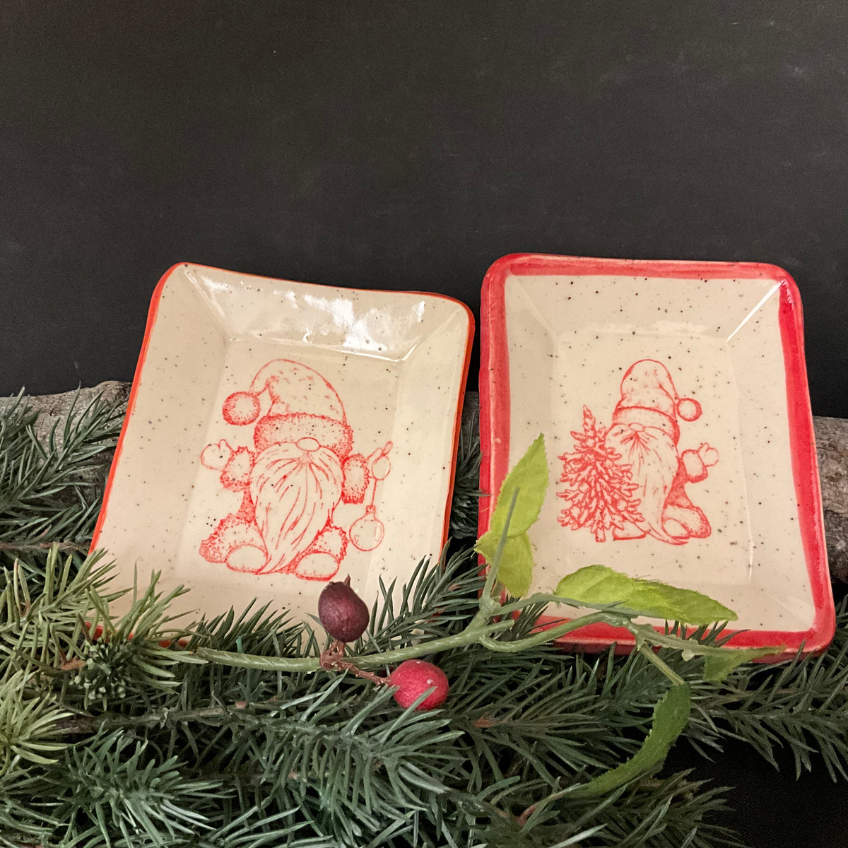 Trinket Dish with Christmas Gnome in Red on White