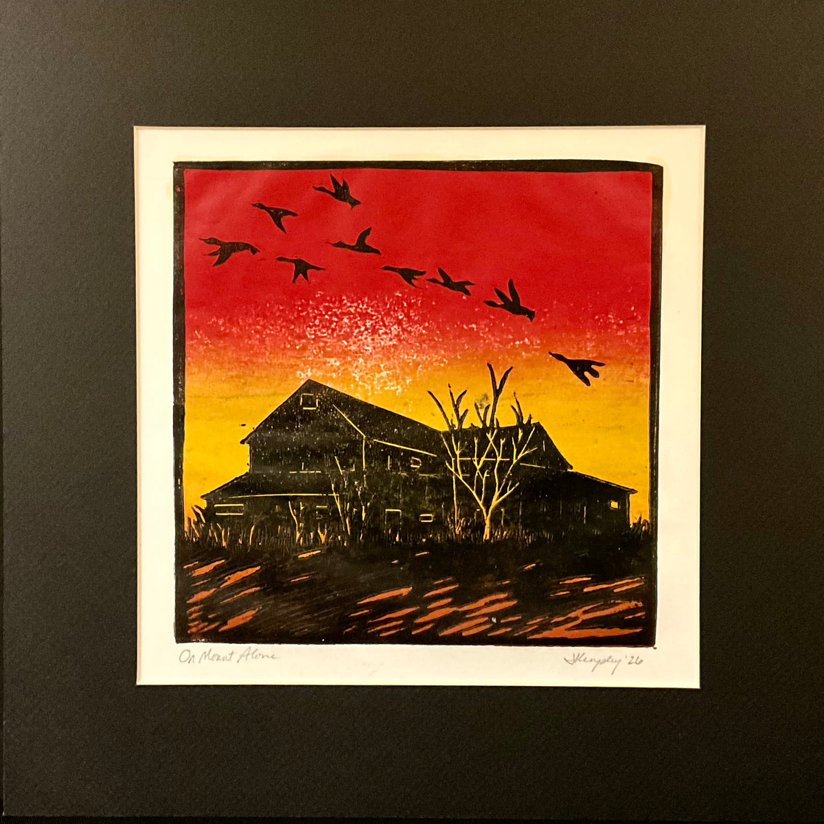“On Mount Alone” Hand Colored Rubber Block Print with Mat