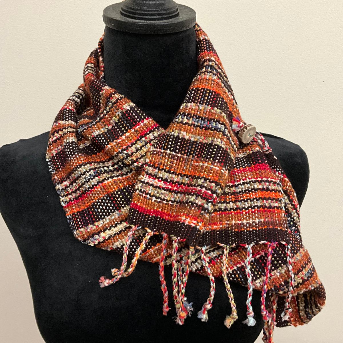 Handwoven “Dorothy” Button Scarf D127 in Browns, Oranges, Red