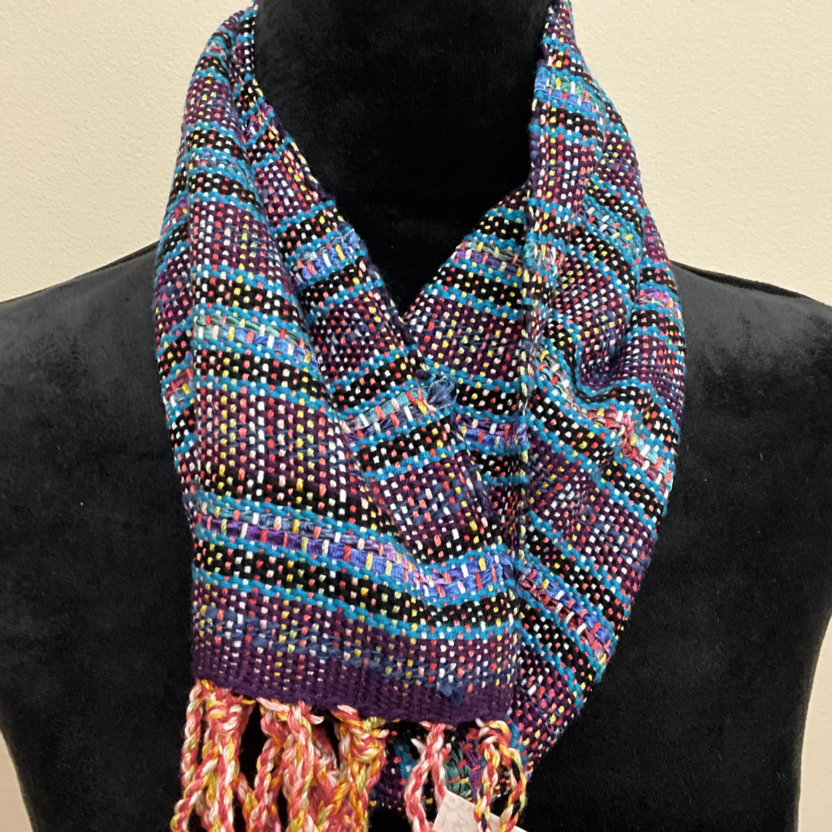 “Jamie” Infinity Scarf - J280 cerulean Blue on Black & Plum multi