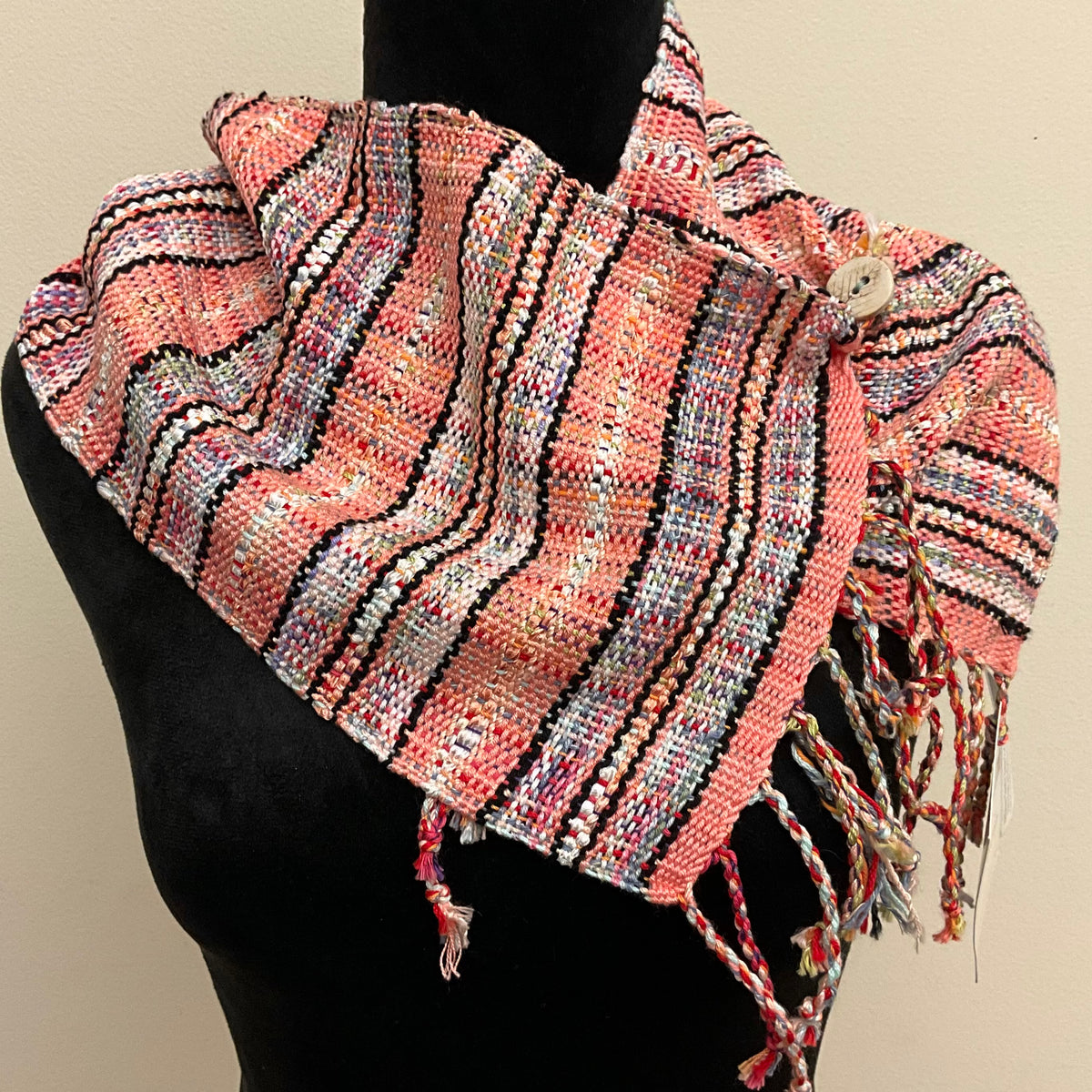 Handwoven “Dorothy” Button Scarf D124 in Peach with Black & Multi