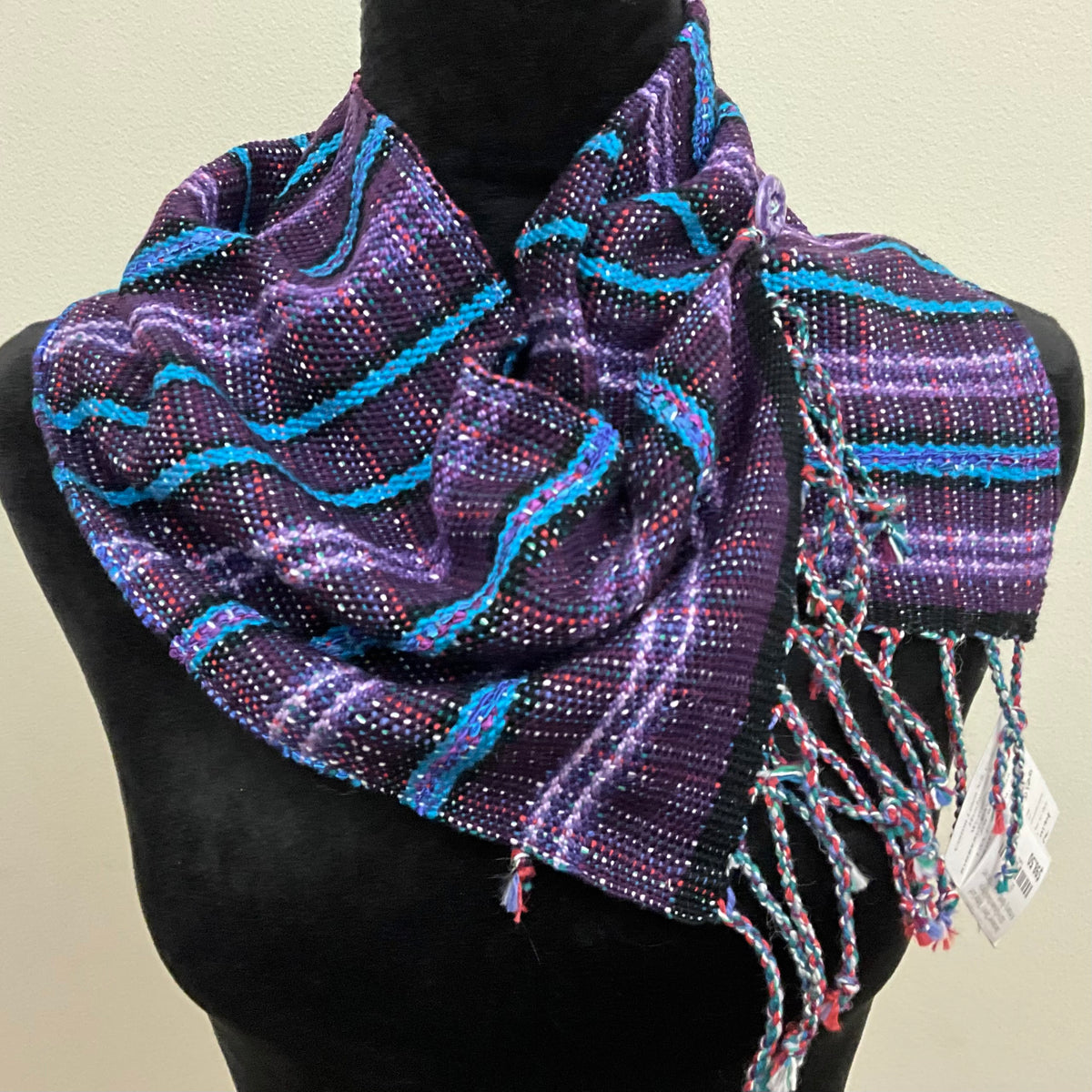 Handwoven “Dorothy” Button Scarf D120 in Cerulean Blue & Purple