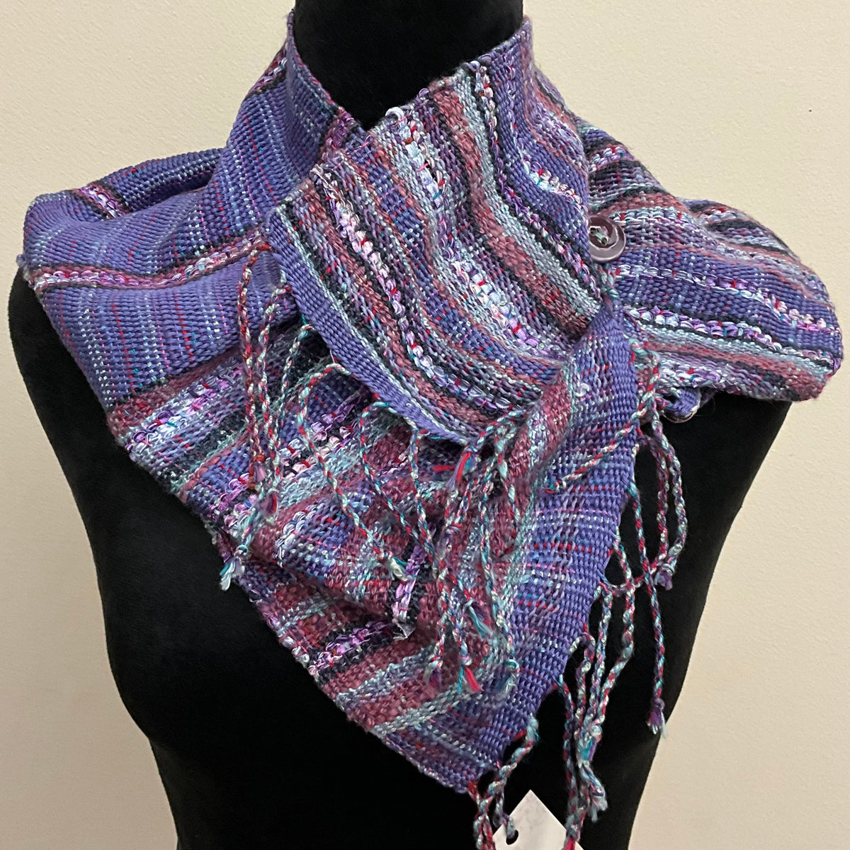 Handwoven “Dorothy” Button Scarf D118 in Violet & Rosewood