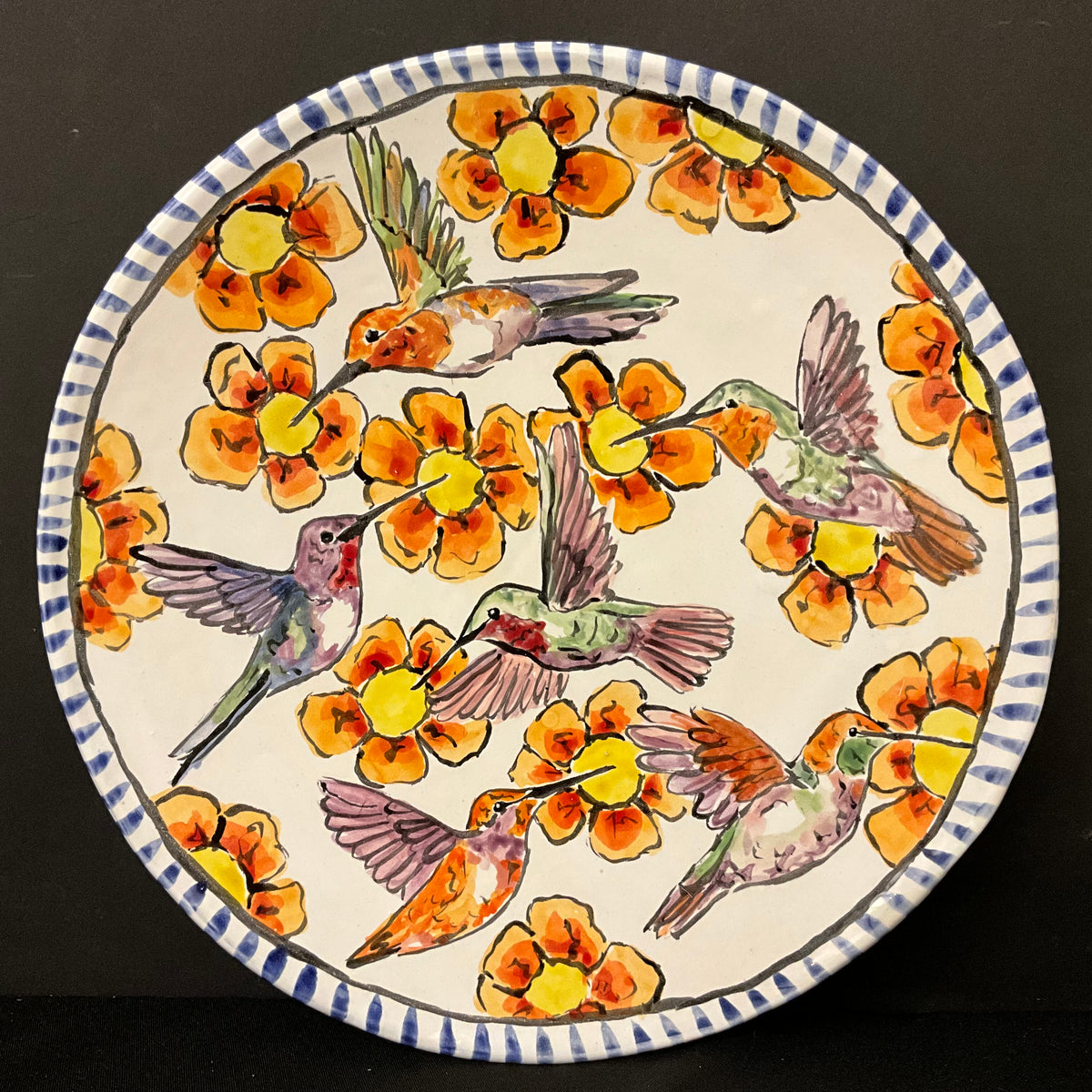 Large Round Platter with Hummingbirds & Yellow Flowers