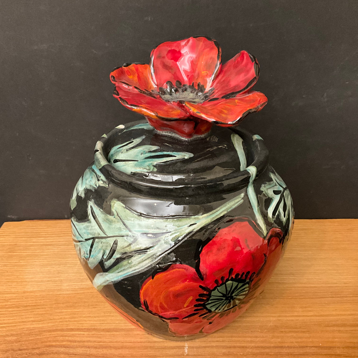 Ginger Jar Black with Red Poppies and Poppy Finial