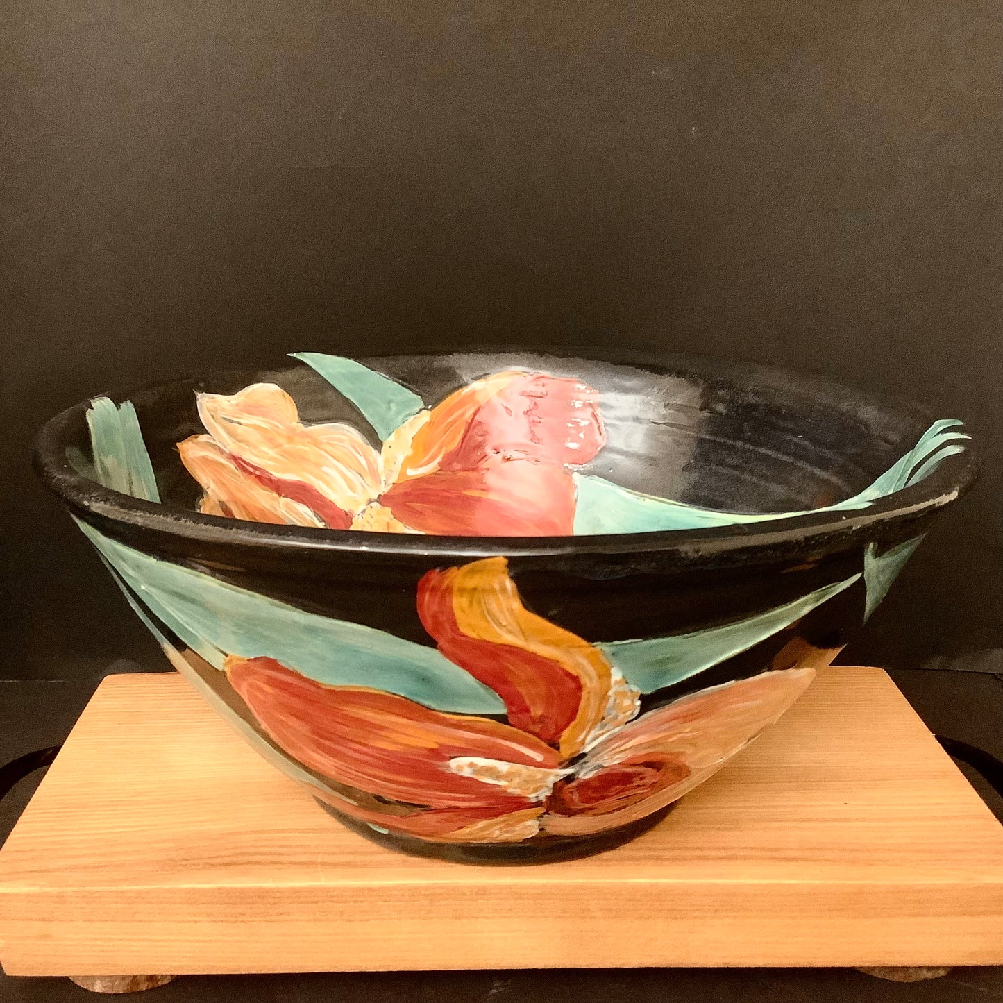 Deep Black Bowl with Orange Irises