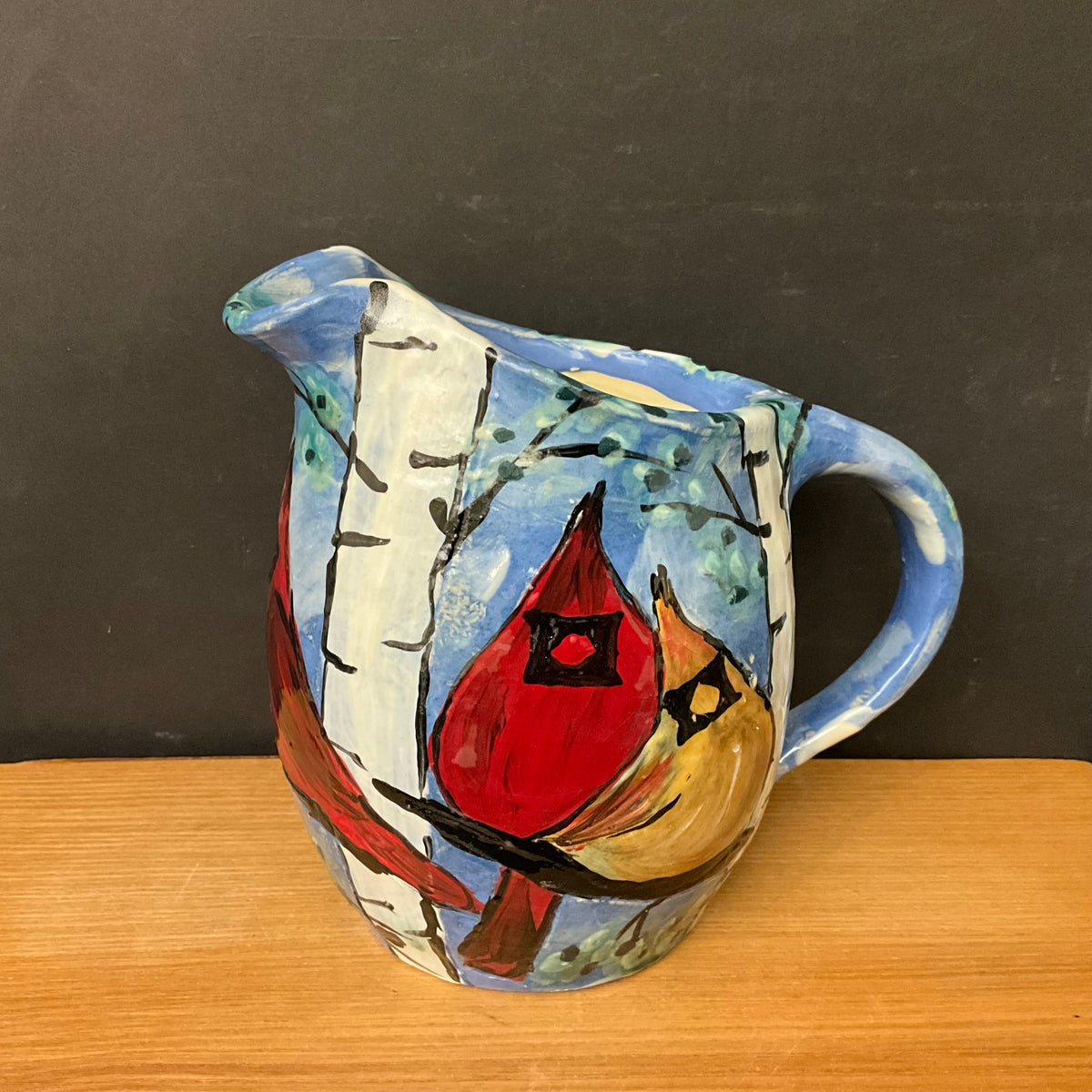 Pitcher with Cardinals & Birches on Blue