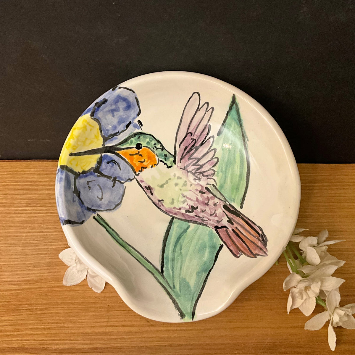 Spoon Rest with Hummingbird & Blue Flowers