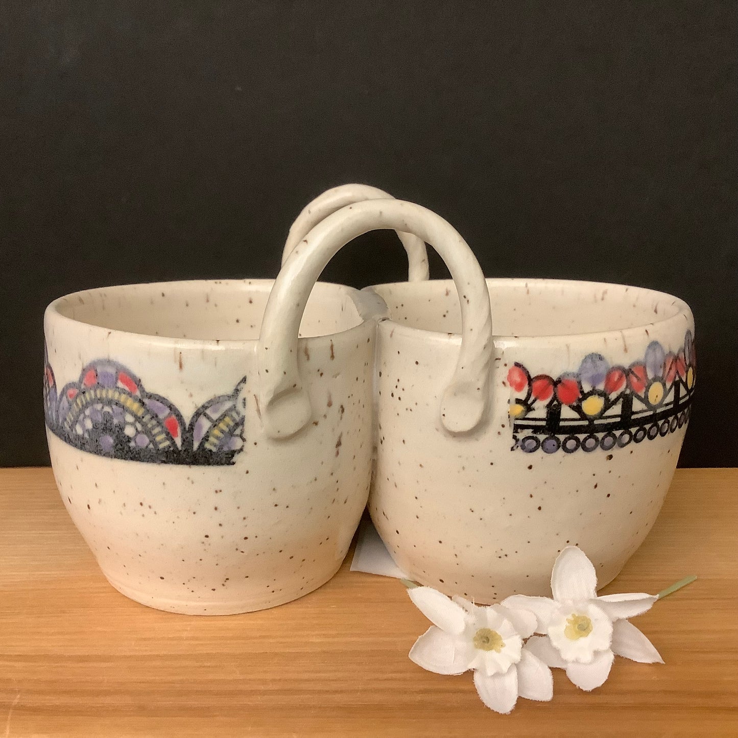 “Two Dip” Bowl in Cream w/ Yelow, Red & Blue floral border