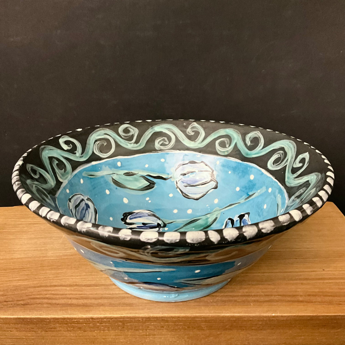 Bowl Dark Aqua with Tulips & Black Rim