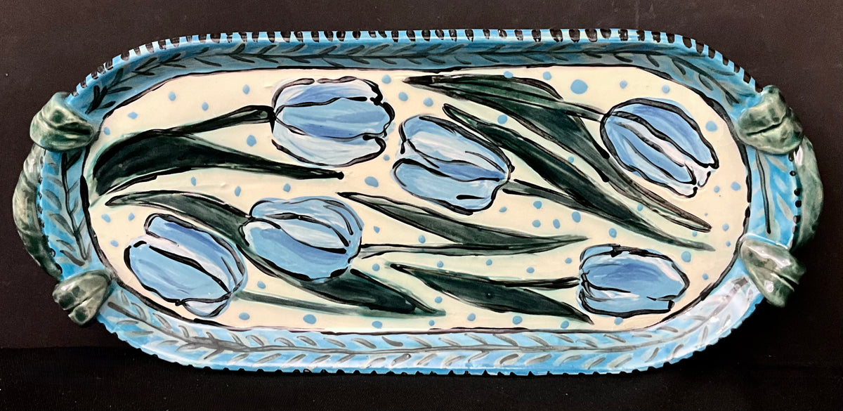 Tray with Aqua Blue Tulips
