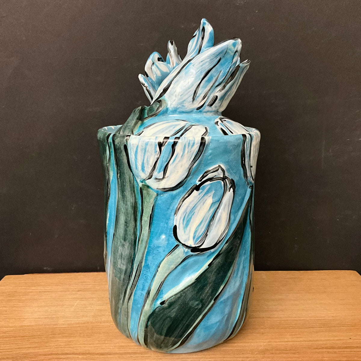 Aqua Blue Tulip Lidded Jar with Double Tulip Finial