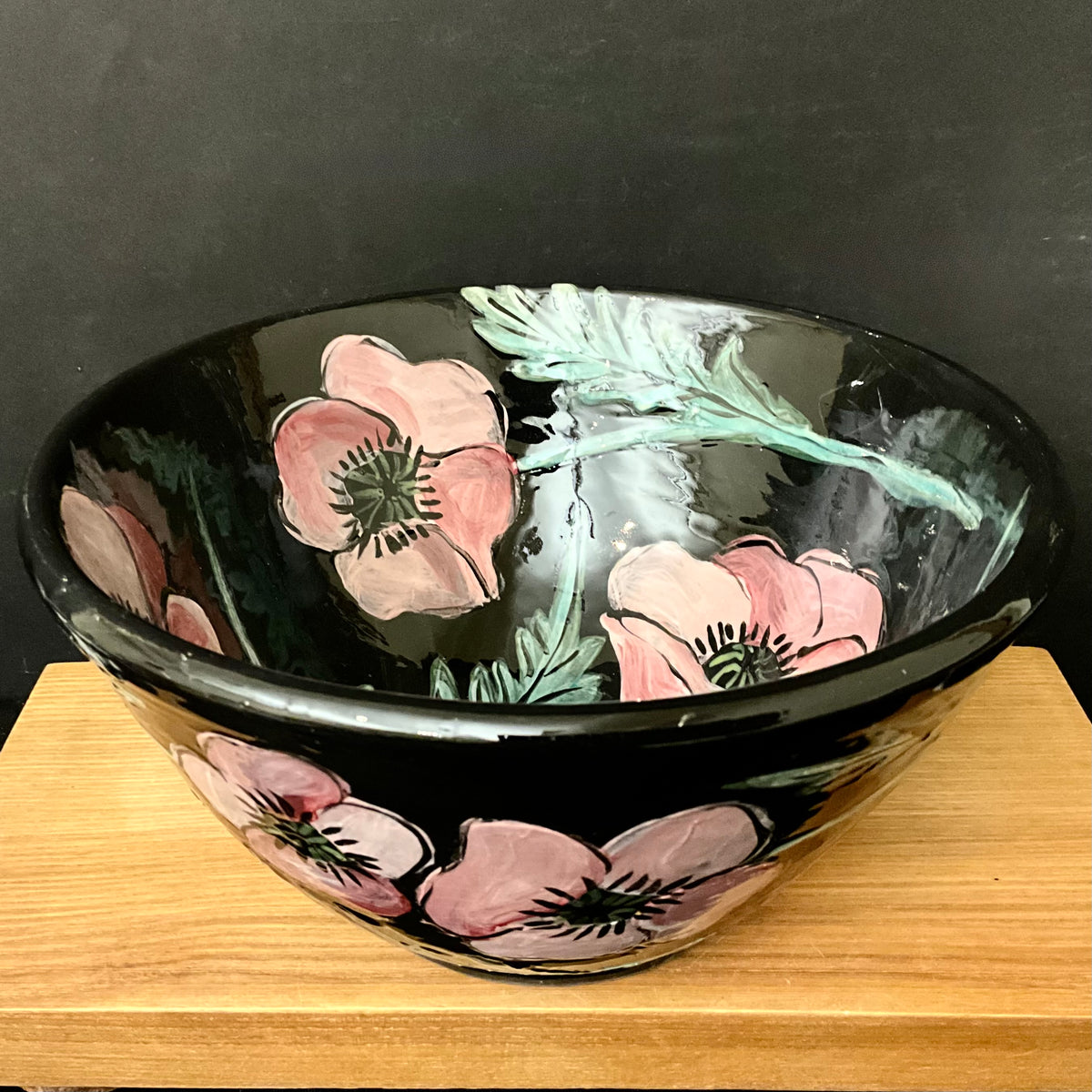 Deep Bowl with Pink Poppies on Black
