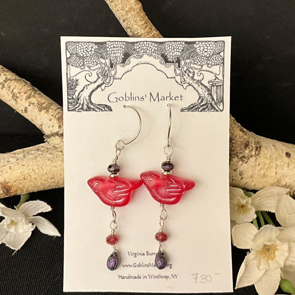 Bird Earrings in translucent Red with a Pink wash