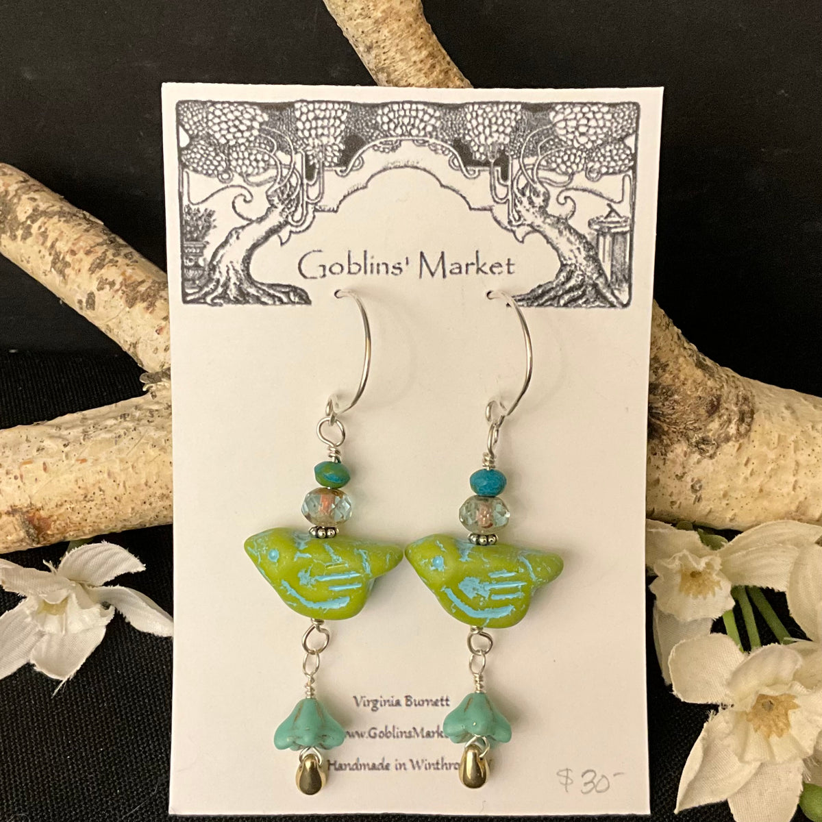 Bird Earrings in Matte Lime Green with Turquoise Wash