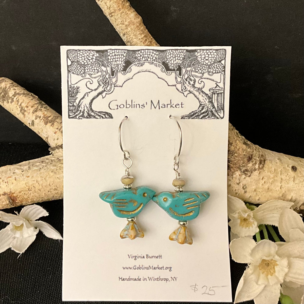 Bird Earrings in Turquoise Blue with Gold wash